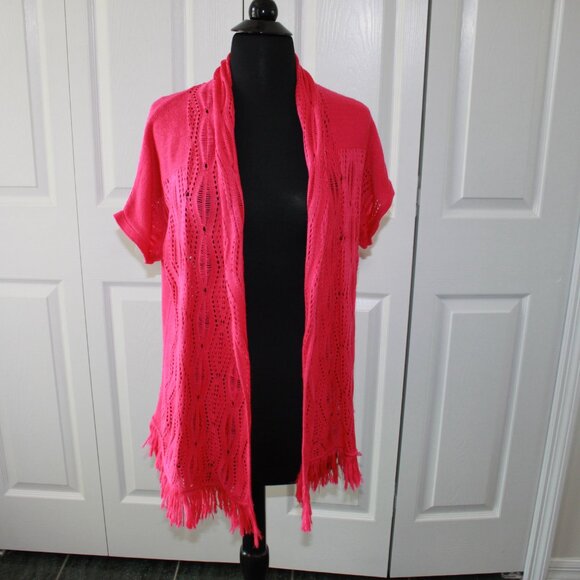Ruby Rd. Sweaters - Bohemian Bright Rose-pink crocheted Ruby Rd. open front short-sleeve car…